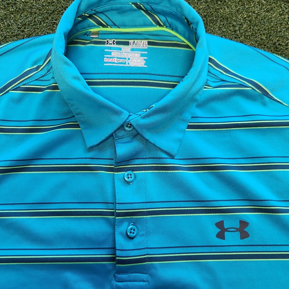 Men's Under Armour Coldblack Heat Gear Golf Polo Size XL Teal/Gray/Yellow Stripe